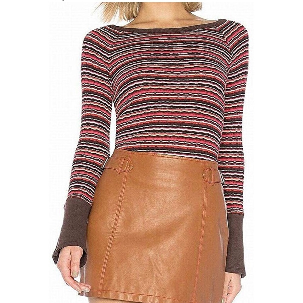 free people donna stripped rib-knit tee dark red